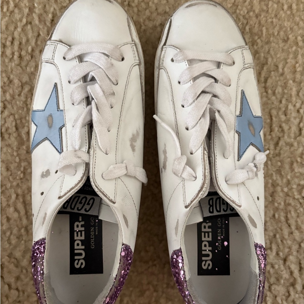 Authentic Golden Goose White Sneakers with Blue Star and Purple Glitter